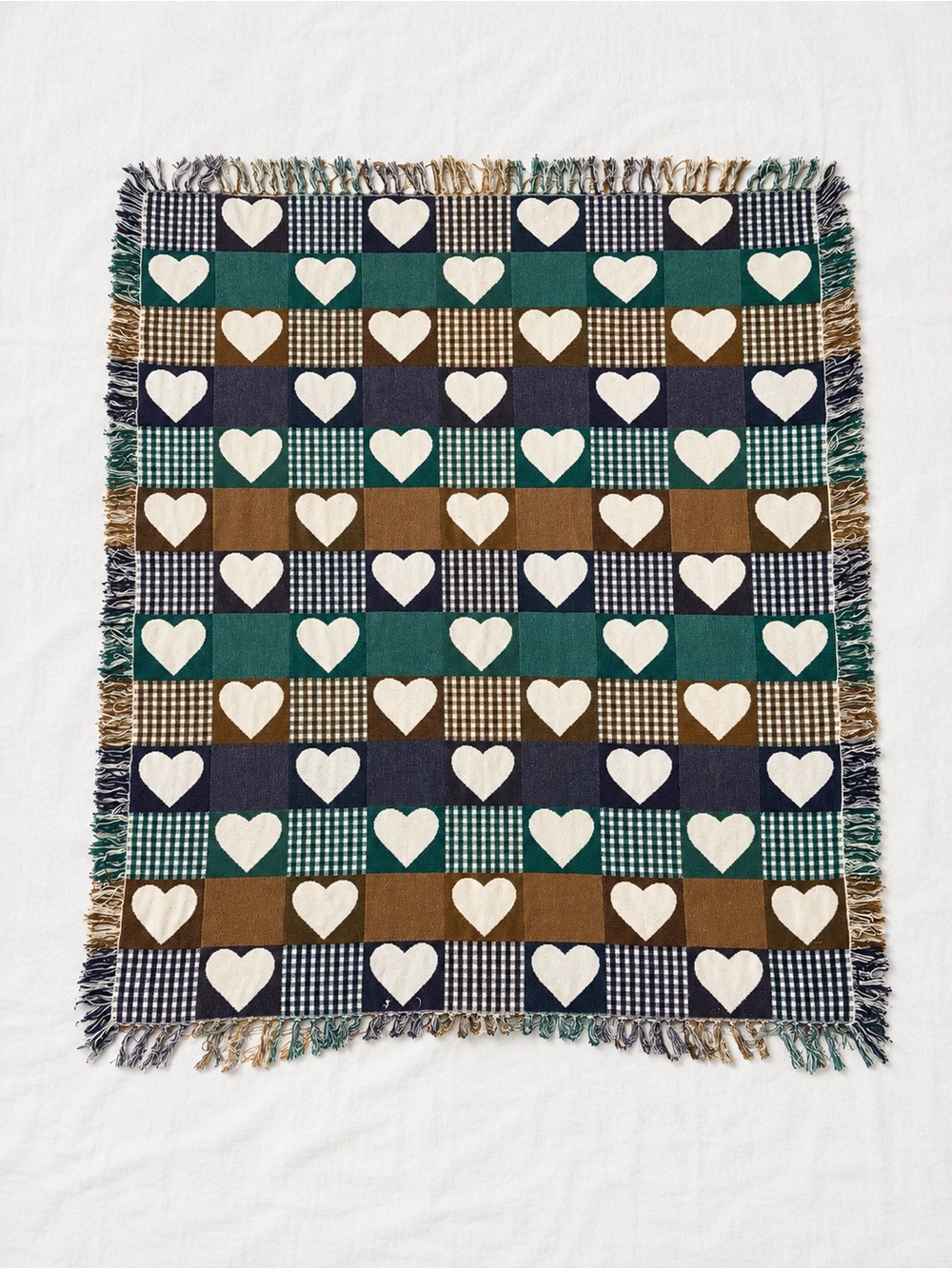 Vintage Woven Heart Patchwork Throw Blanket Fringe Cottagecore